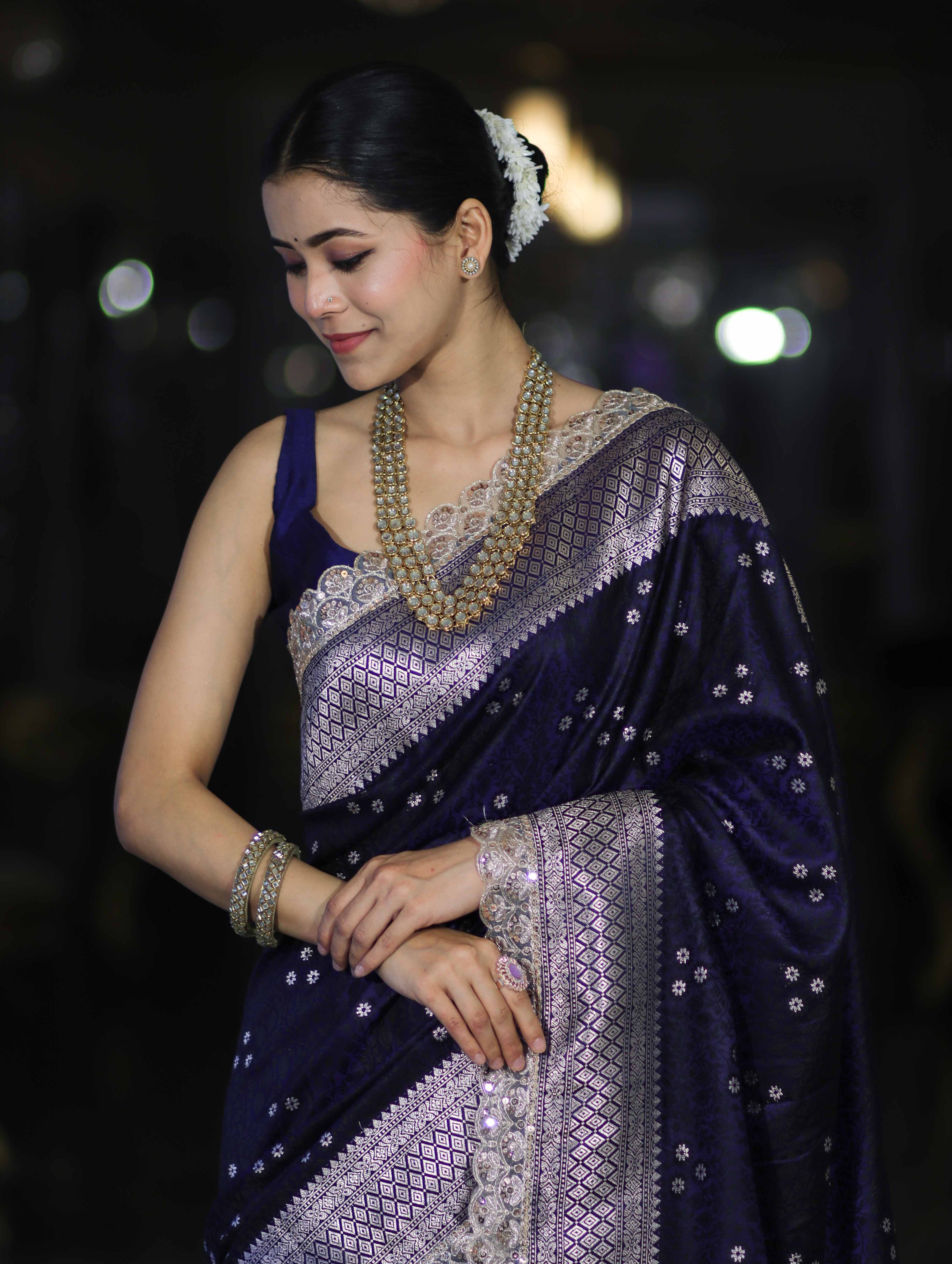 Banarasee Handloom Mashru Silk Saree With Tanchoi Work & Lace Border-Deep Blue