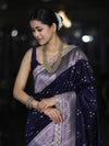 Banarasee Handloom Mashru Silk Saree With Tanchoi Work & Lace Border-Deep Blue