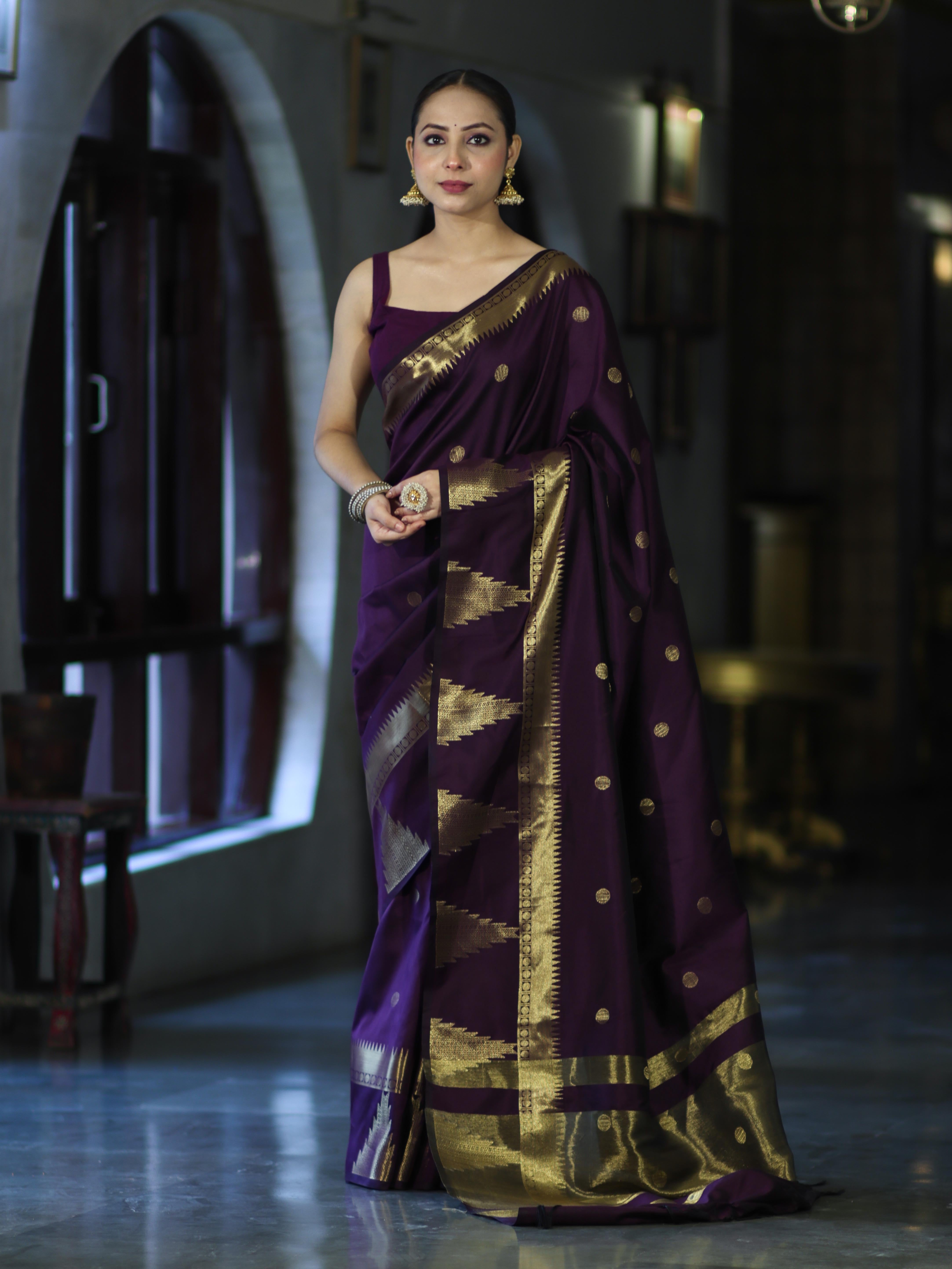 Banarasee Handloom Semi Silk Saree With Polka Dot Design & Zari Border-Purple
