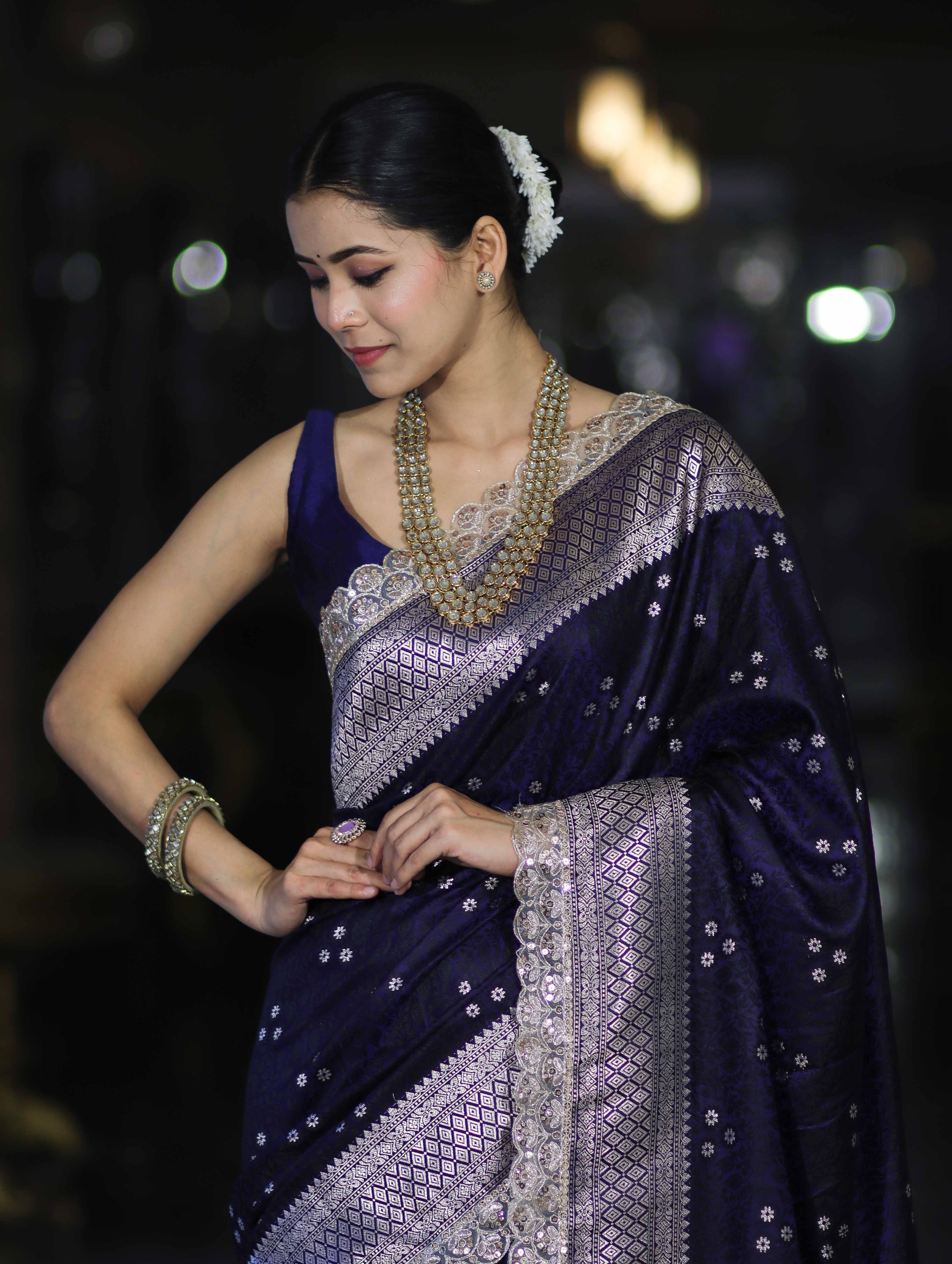 Banarasee Handloom Mashru Silk Saree With Tanchoi Work & Lace Border-Deep Blue