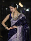Banarasee Handloom Mashru Silk Saree With Tanchoi Work & Lace Border-Deep Blue