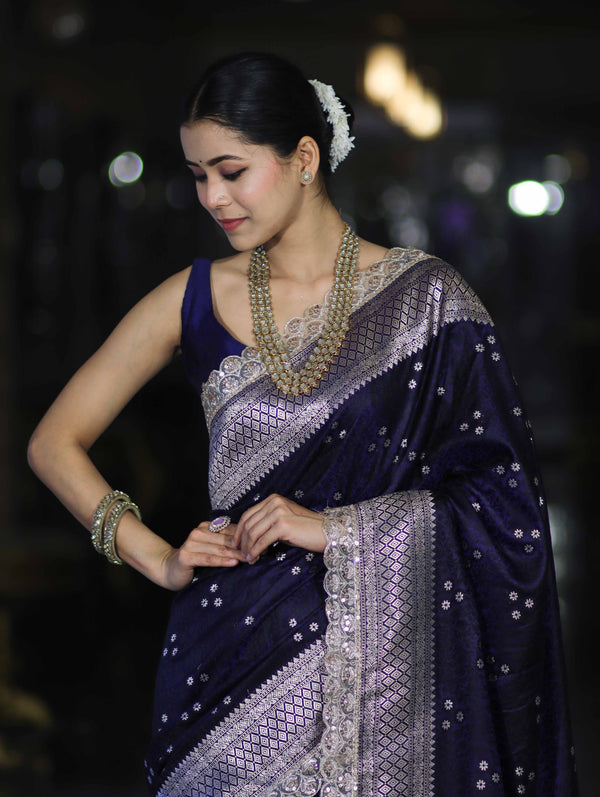Banarasee Handloom Mashru Silk Saree With Tanchoi Work & Lace Border-Deep Blue