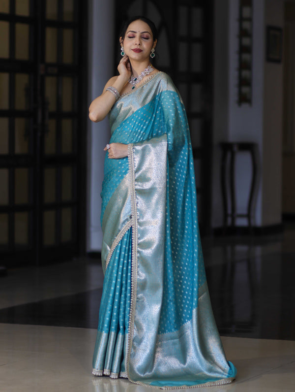 Banarasee Semi Chiffon Saree With Buti Design Broad Zari Border & Lace-Light Blue