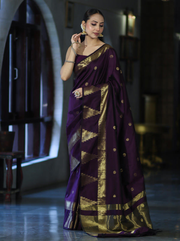 Banarasee Handloom Semi Silk Saree With Polka Dot Design & Zari Border-Purple