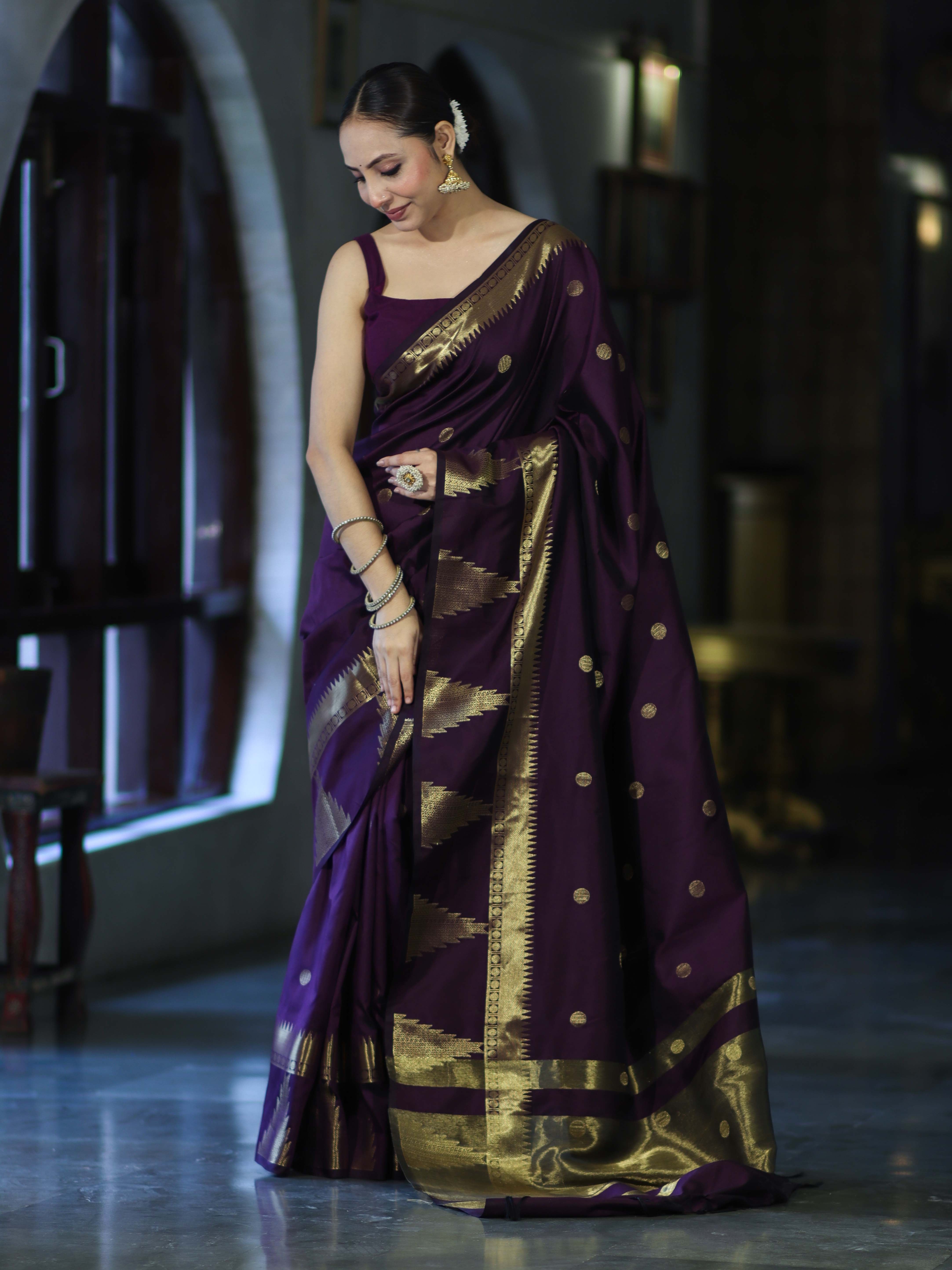 Banarasee Handloom Semi Silk Saree With Polka Dot Design & Zari Border-Purple