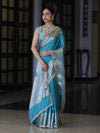 Banarasee Semi Chiffon Saree With Buti Design Broad Zari Border & Lace-Light Blue