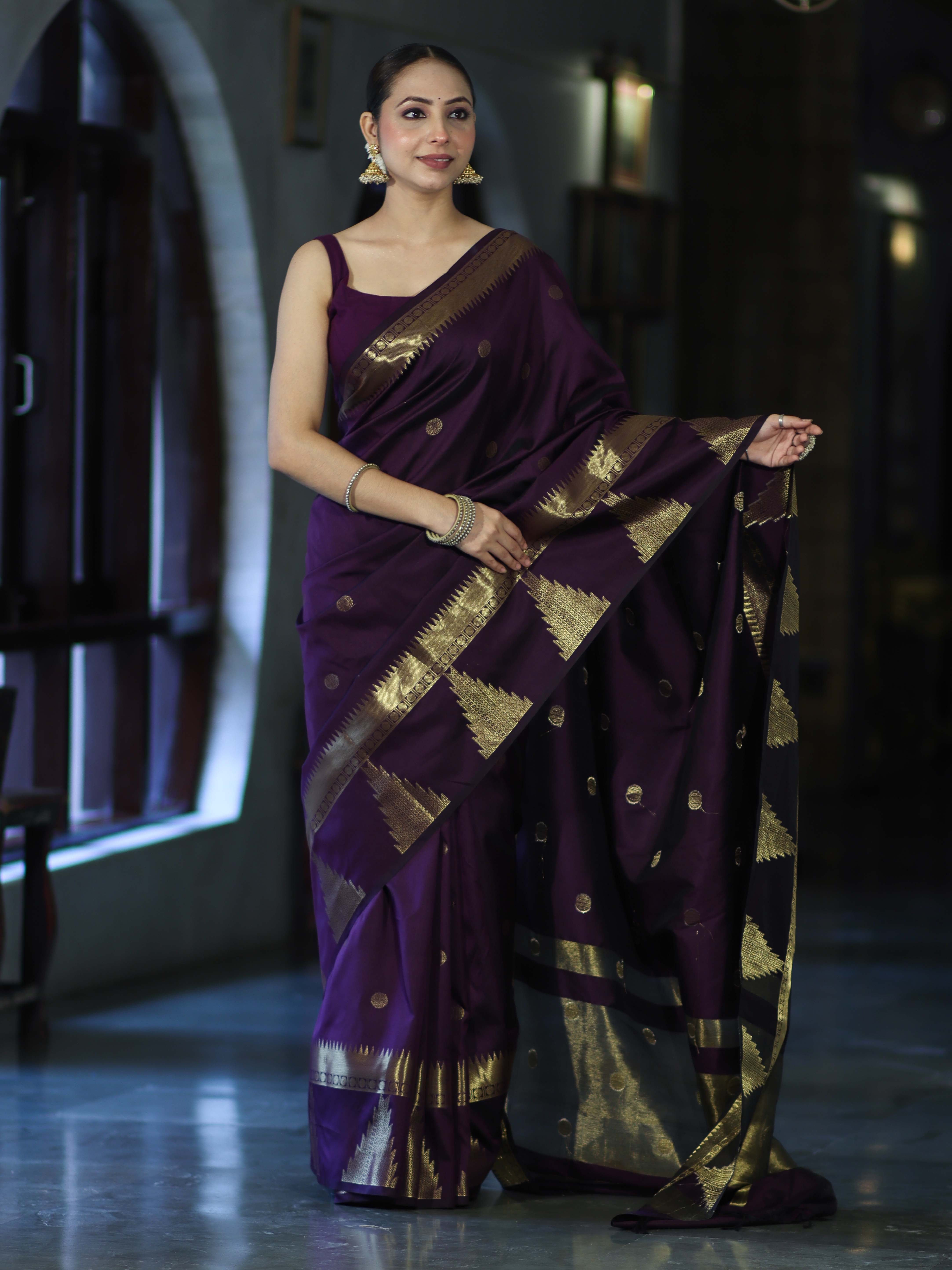 Banarasee Handloom Semi Silk Saree With Polka Dot Design & Zari Border-Purple
