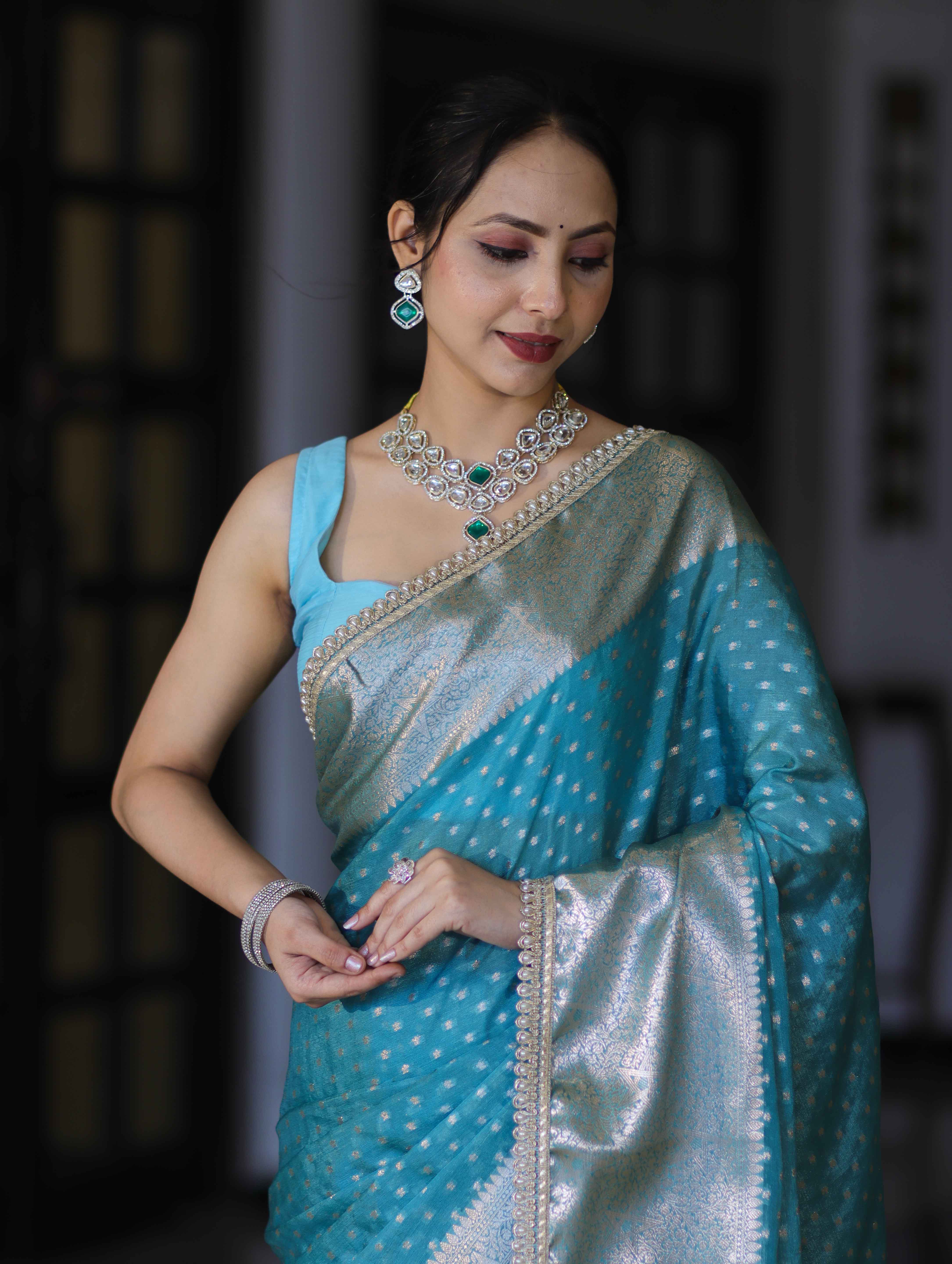 Banarasee Semi Chiffon Saree With Buti Design Broad Zari Border & Lace-Light Blue