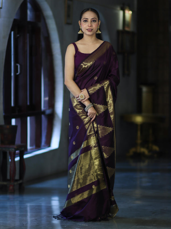 Banarasee Handloom Semi Silk Saree With Polka Dot Design & Zari Border-Purple