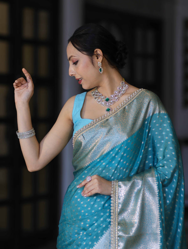 Banarasee Semi Chiffon Saree With Buti Design Broad Zari Border & Lace-Light Blue