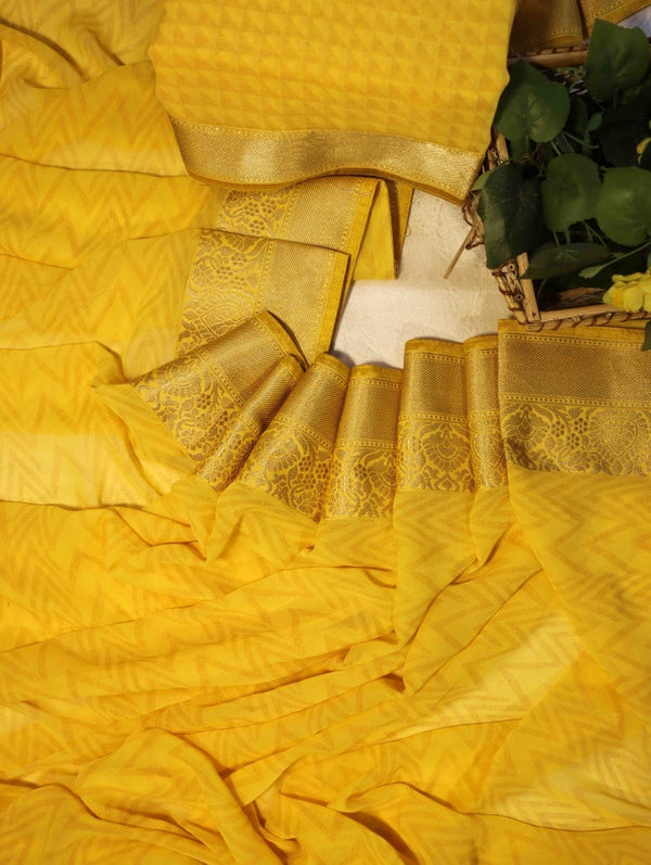Banarasee Handloom Zigzag Print Chiffon Saree With Gold Zari Border-Light Yellow