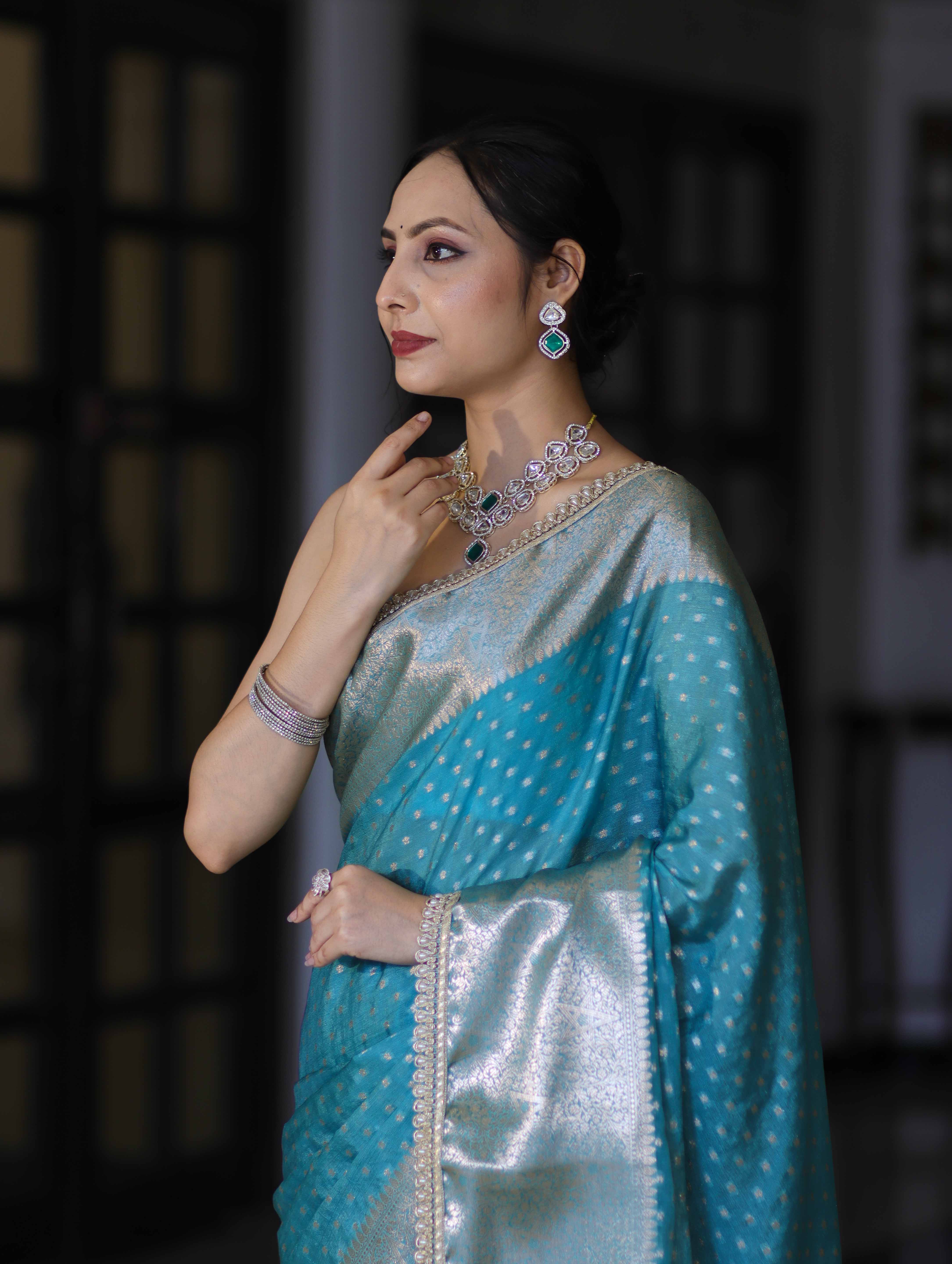 Banarasee Semi Chiffon Saree With Buti Design Broad Zari Border & Lace-Light Blue