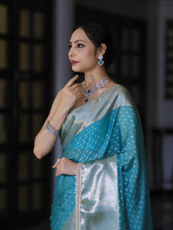 Banarasee Semi Chiffon Saree With Buti Design Broad Zari Border & Lace-Light Blue