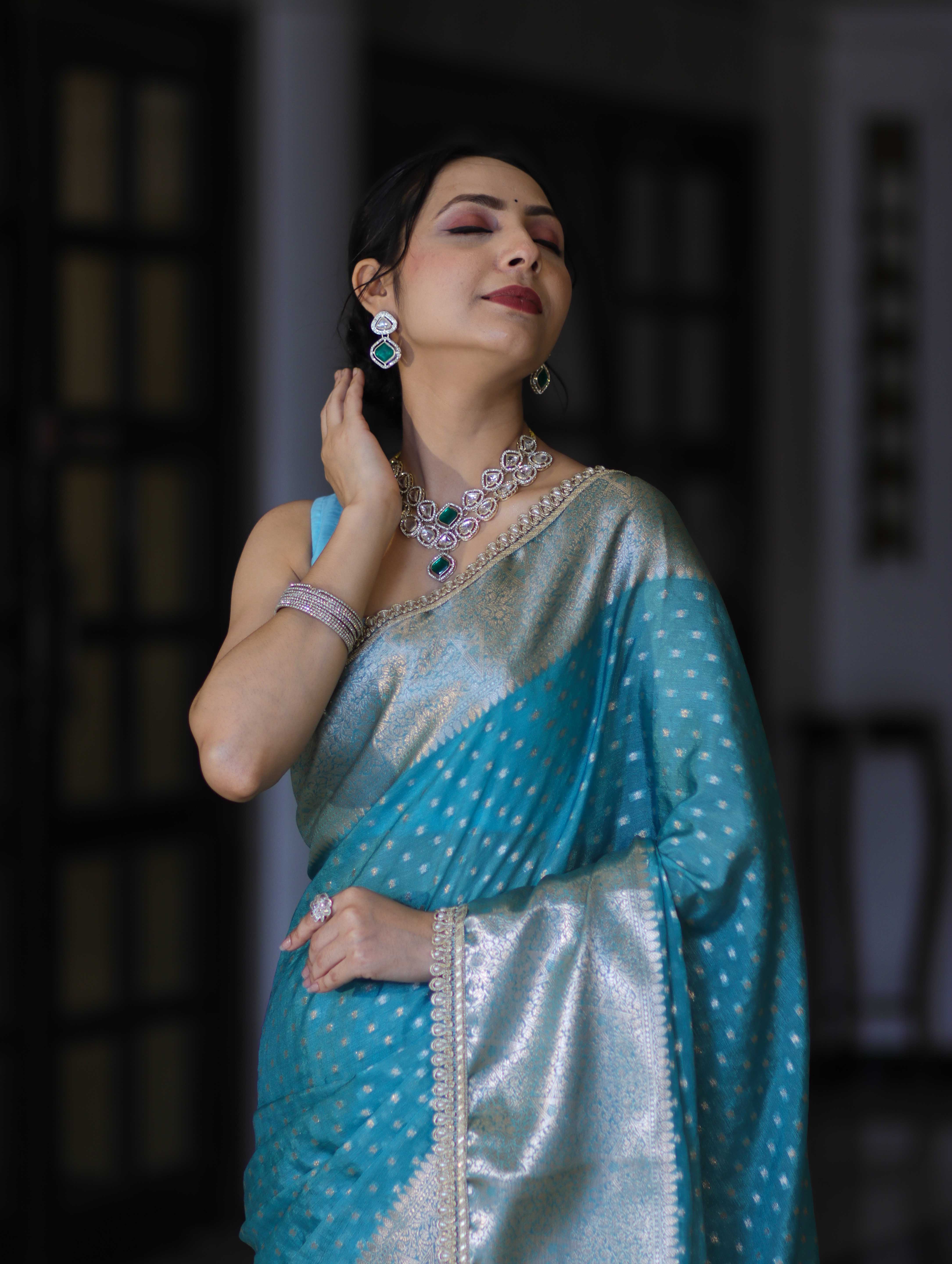 Banarasee Semi Chiffon Saree With Buti Design Broad Zari Border & Lace-Light Blue