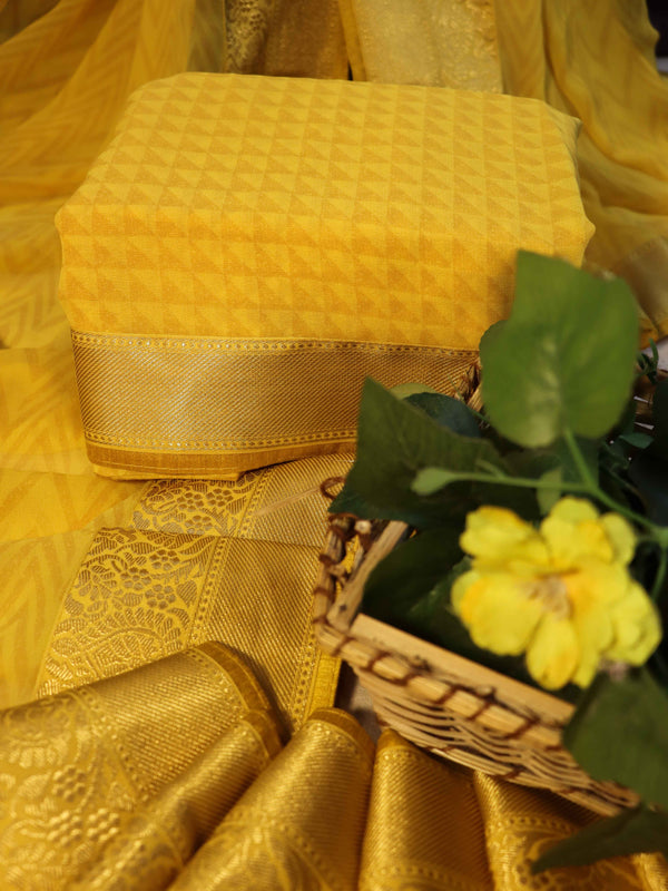 Banarasee Handloom Zigzag Print Chiffon Saree With Gold Zari Border-Light Yellow