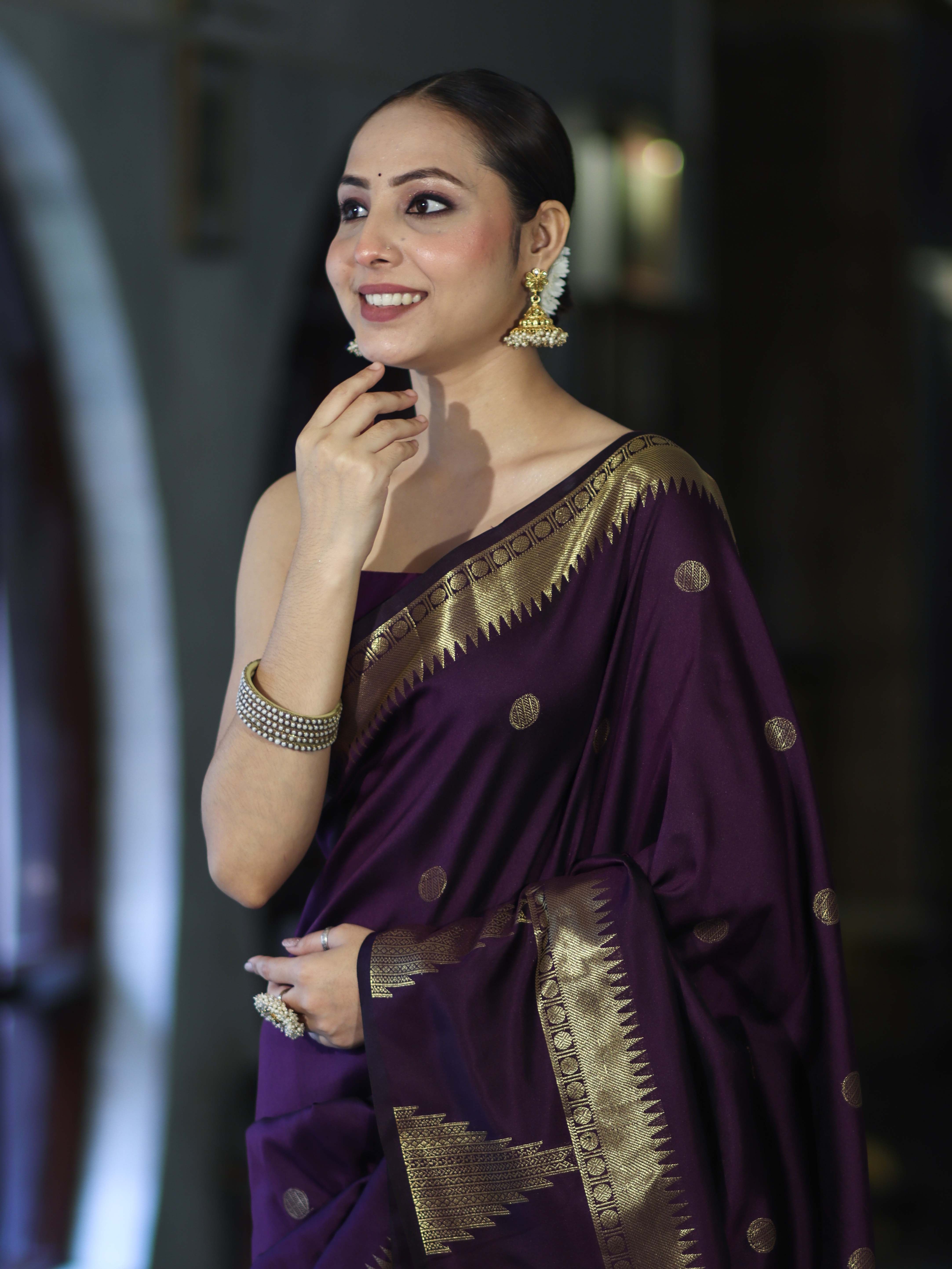 Banarasee Handloom Semi Silk Saree With Polka Dot Design & Zari Border-Purple