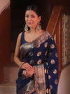 Banarasee Handwoven Semi Silk Saree With Zari Buta & Border-Blue