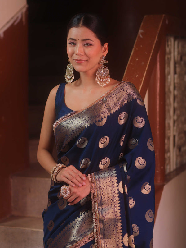 Banarasee Handwoven Semi Silk Saree With Zari Buta & Border-Blue