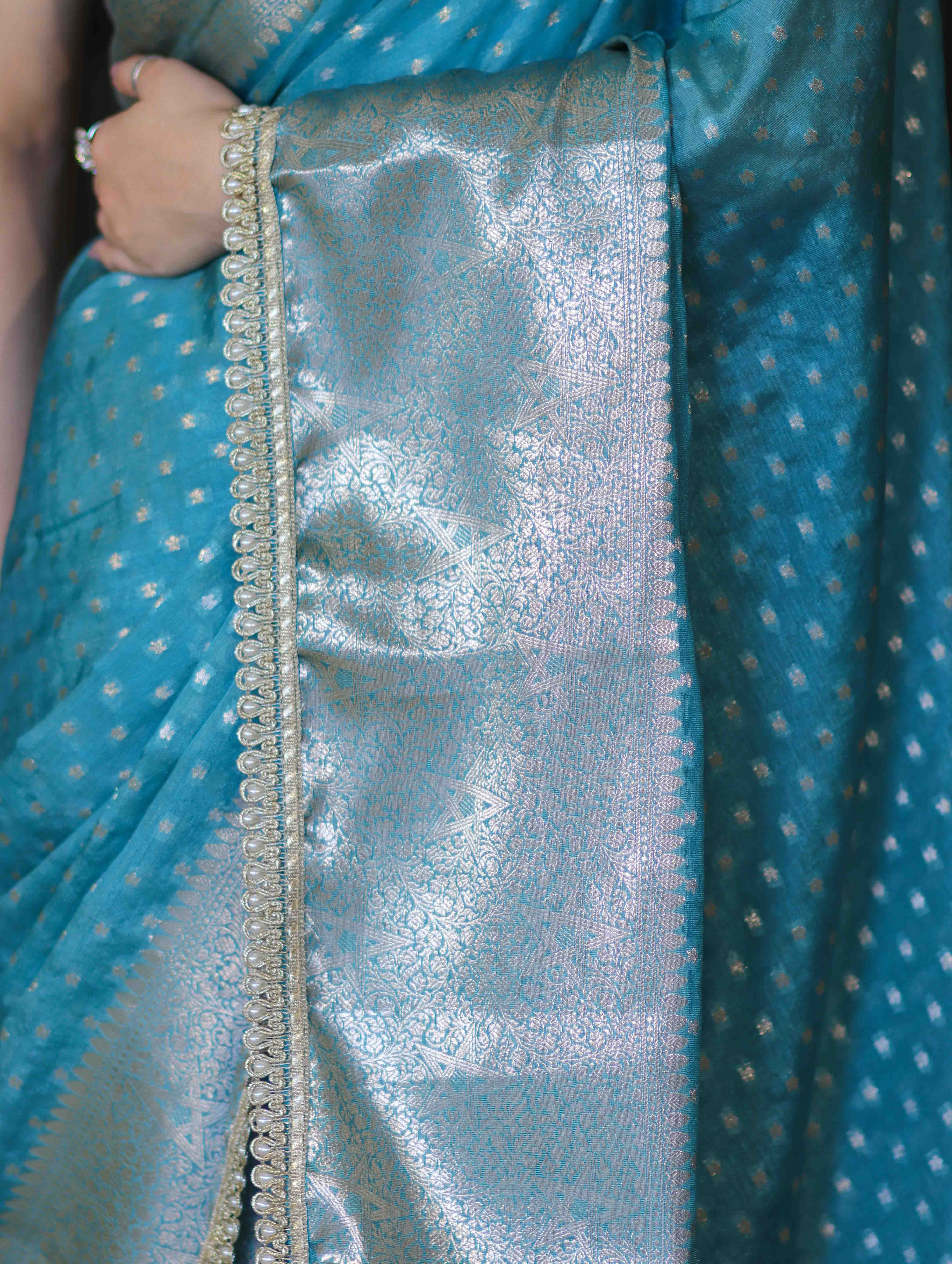 Banarasee Semi Chiffon Saree With Buti Design Broad Zari Border & Lace-Light Blue