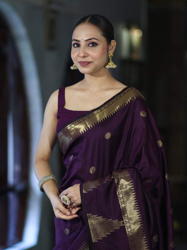 Banarasee Handloom Semi Silk Saree With Polka Dot Design & Zari Border-Purple