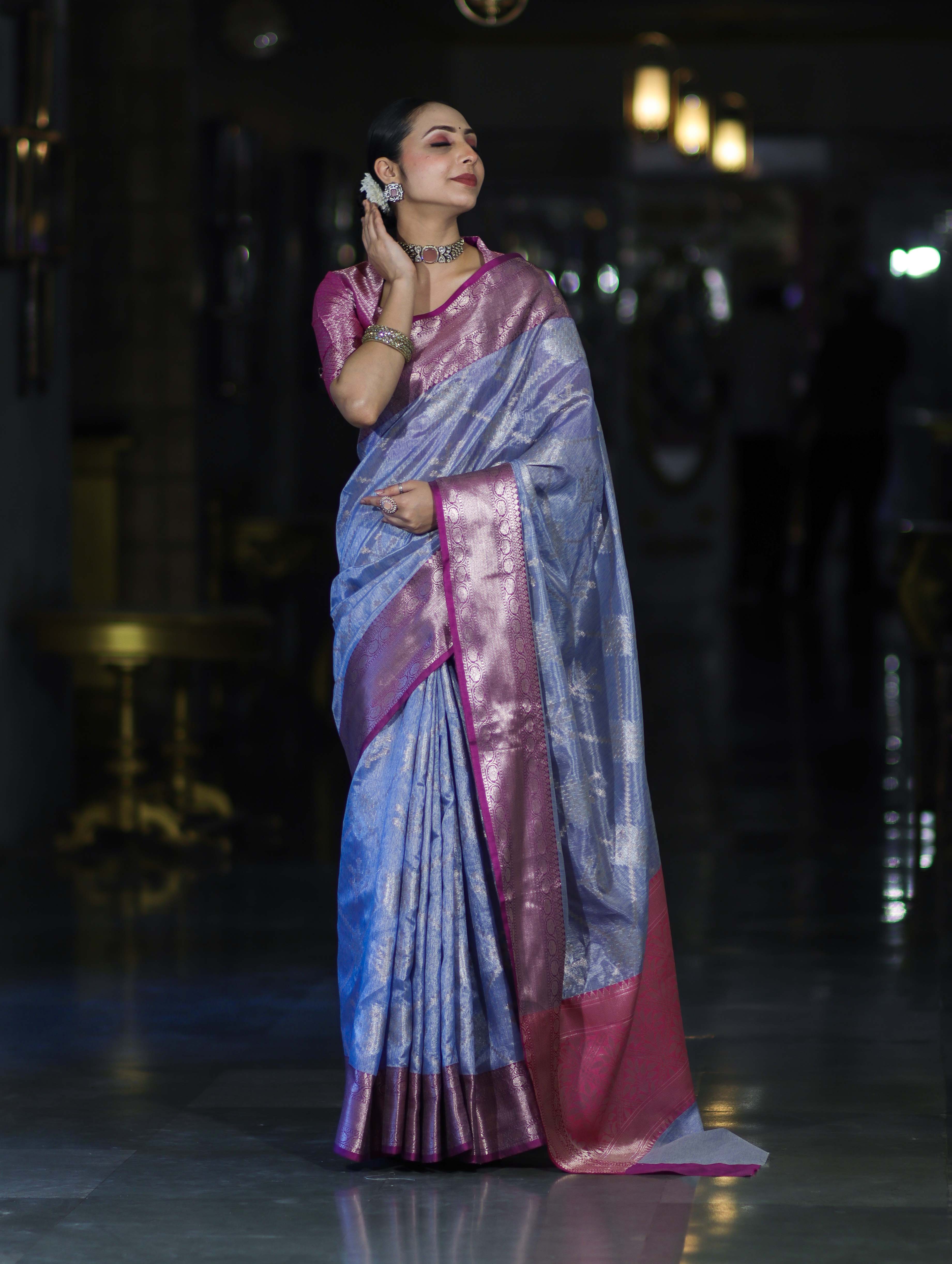 Banarasee Handloom Semi Silk Saree With Zari Jaal Work & Contrast Border-Light Blue & Magenta