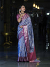 Banarasee Handloom Semi Silk Saree With Zari Jaal Work & Contrast Border-Light Blue & Magenta