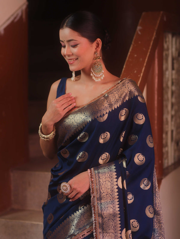 Banarasee Handwoven Semi Silk Saree With Zari Buta & Border-Blue