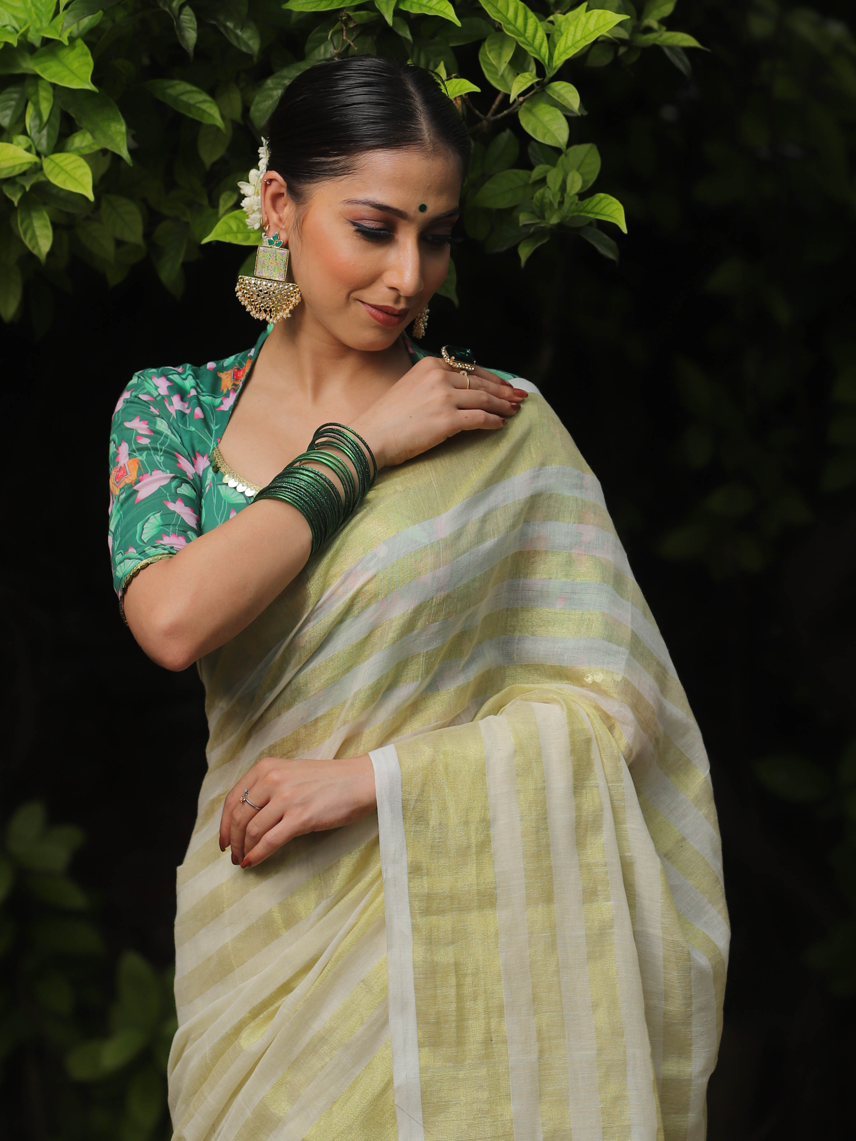Banarasee Pure Mul Cotton Zari Stripes Saree With Green Pichwai Blouse-White & Gold