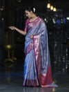 Banarasee Handloom Semi Silk Saree With Zari Jaal Work & Contrast Border-Light Blue & Magenta