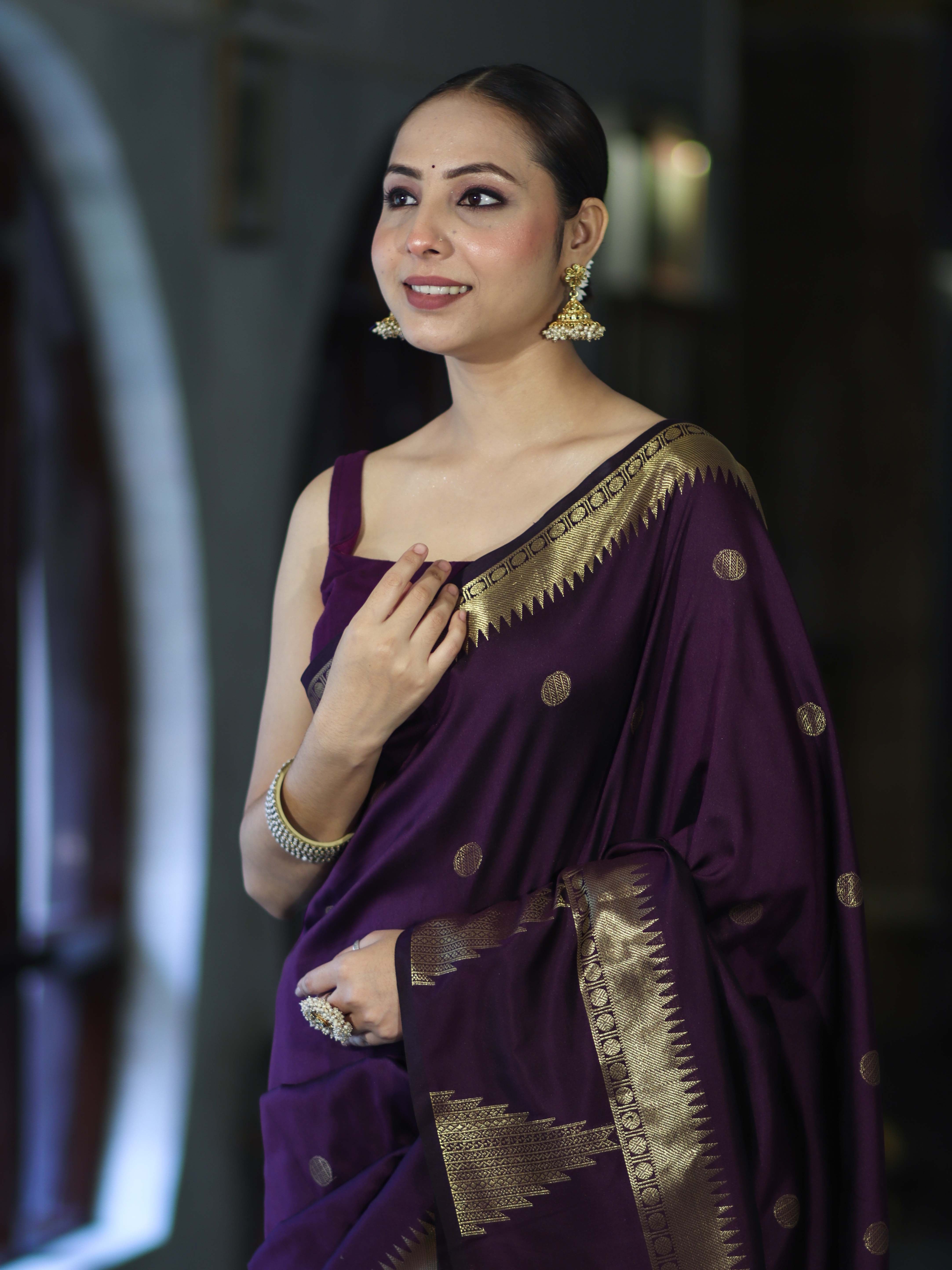 Banarasee Handloom Semi Silk Saree With Polka Dot Design & Zari Border-Purple