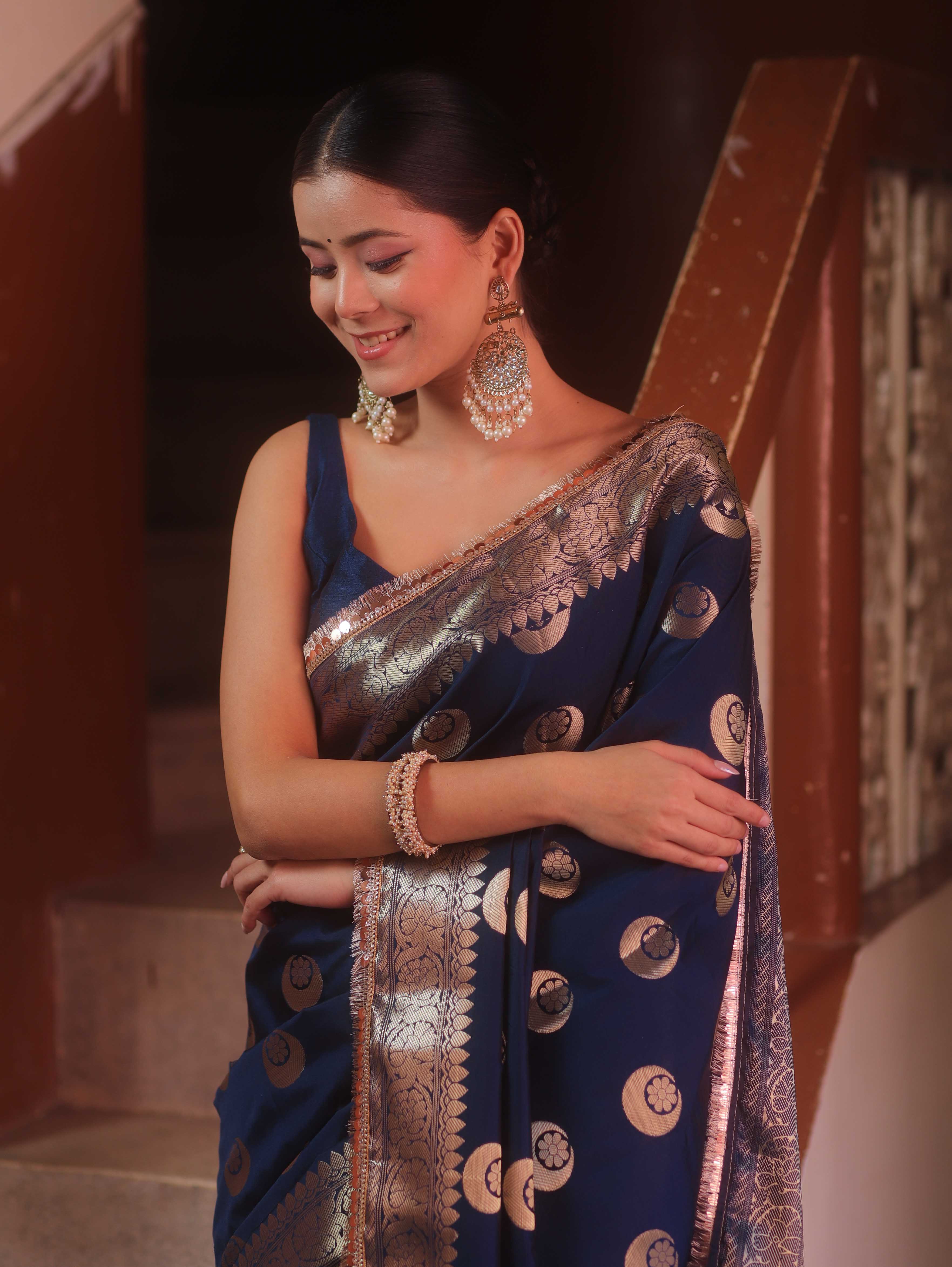 Banarasee Handwoven Semi Silk Saree With Zari Buta & Border-Blue