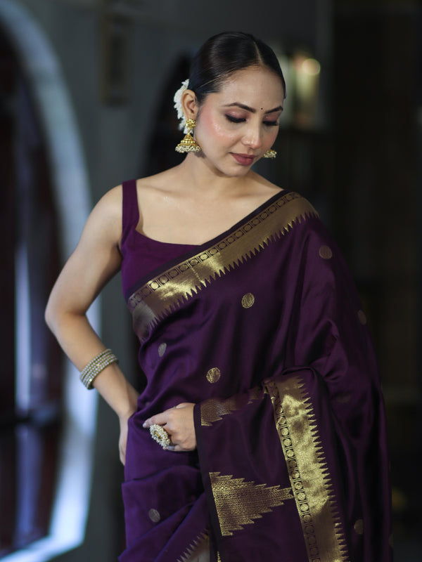 Banarasee Handloom Semi Silk Saree With Polka Dot Design & Zari Border-Purple