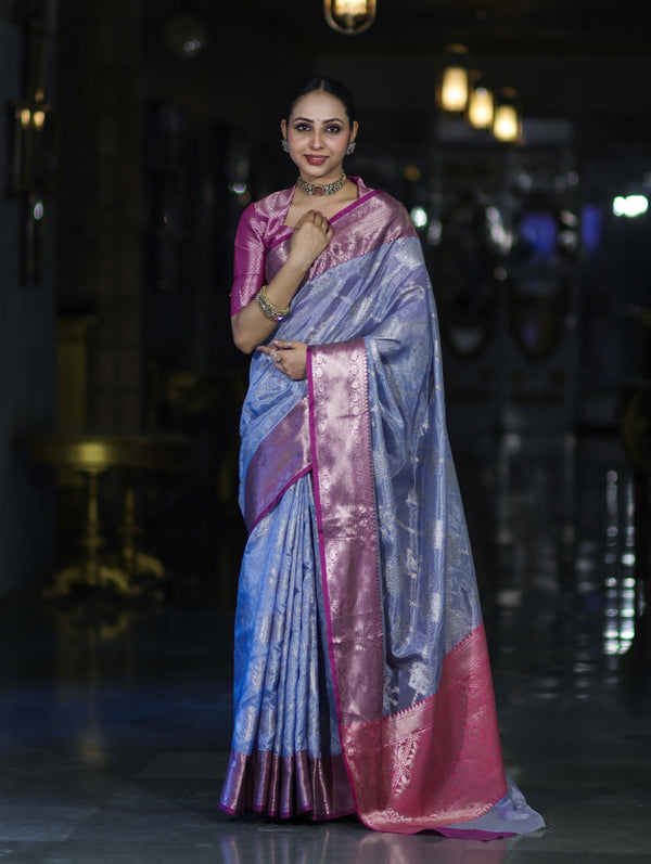 Banarasee Handloom Semi Silk Saree With Zari Jaal Work & Contrast Border-Light Blue & Magenta