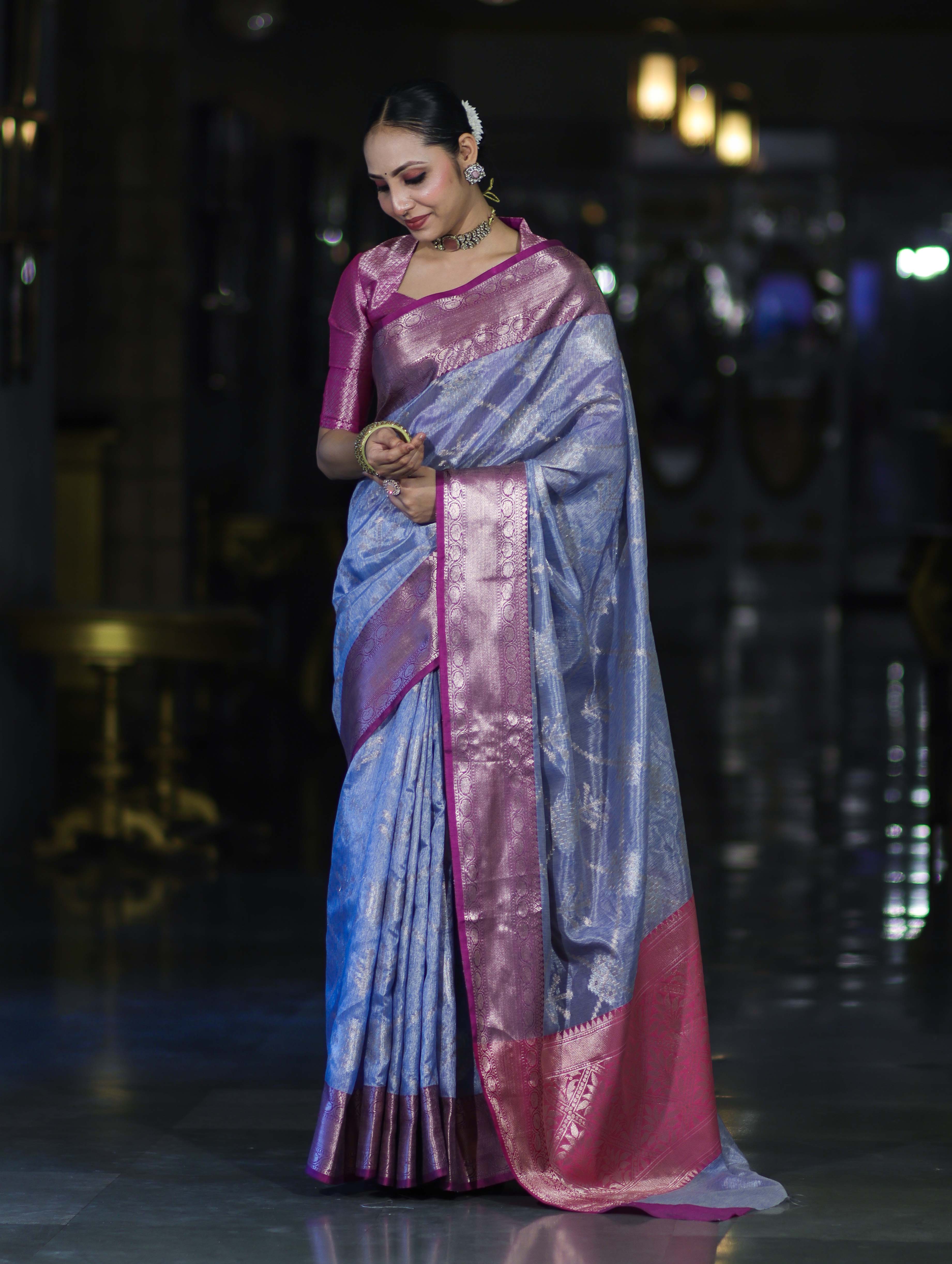 Banarasee Handloom Semi Silk Saree With Zari Jaal Work & Contrast Border-Light Blue & Magenta