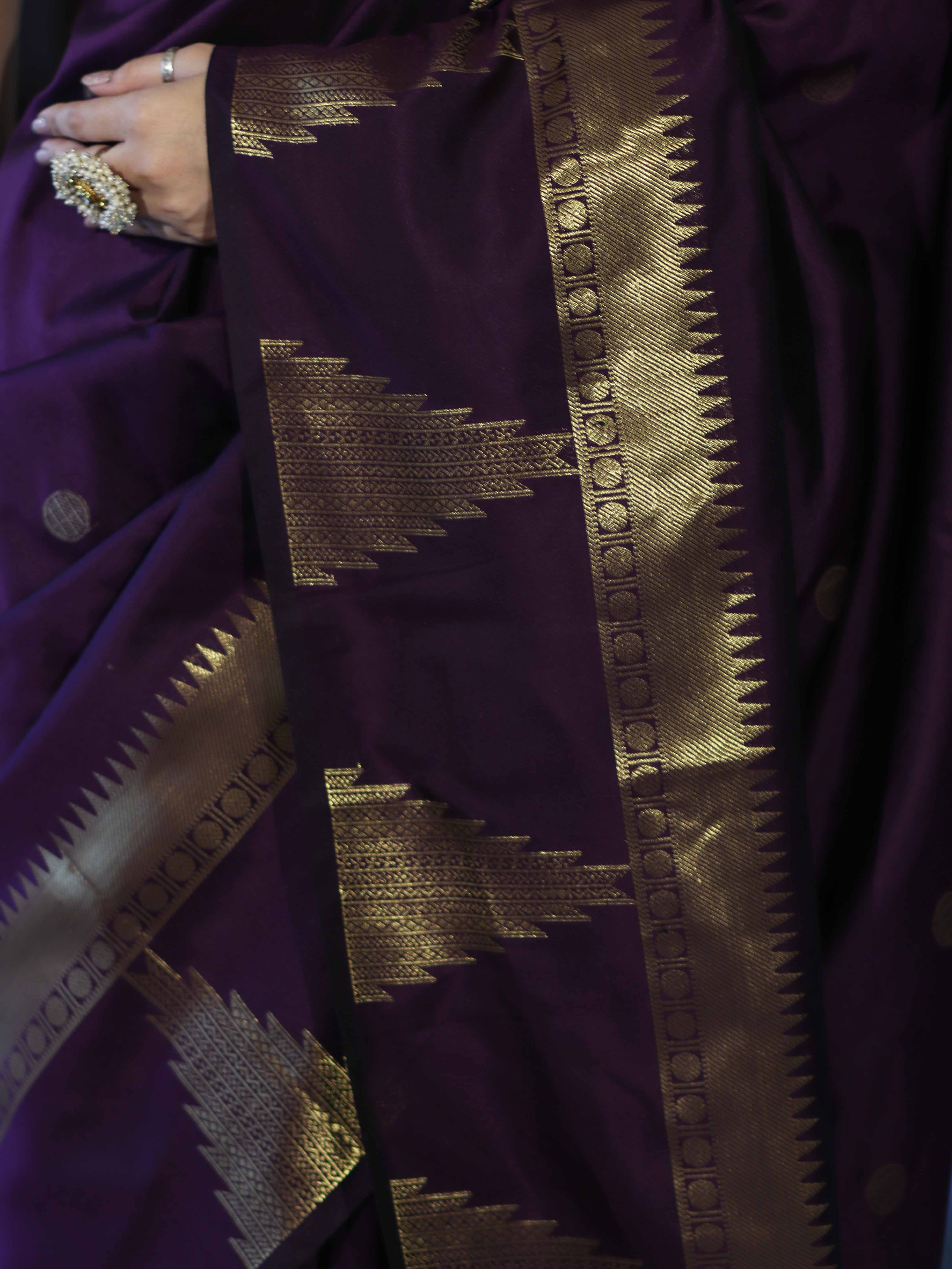 Banarasee Handloom Semi Silk Saree With Polka Dot Design & Zari Border-Purple