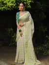 Banarasee Pure Mul Cotton Zari Stripes Saree With Green Pichwai Blouse-White & Gold