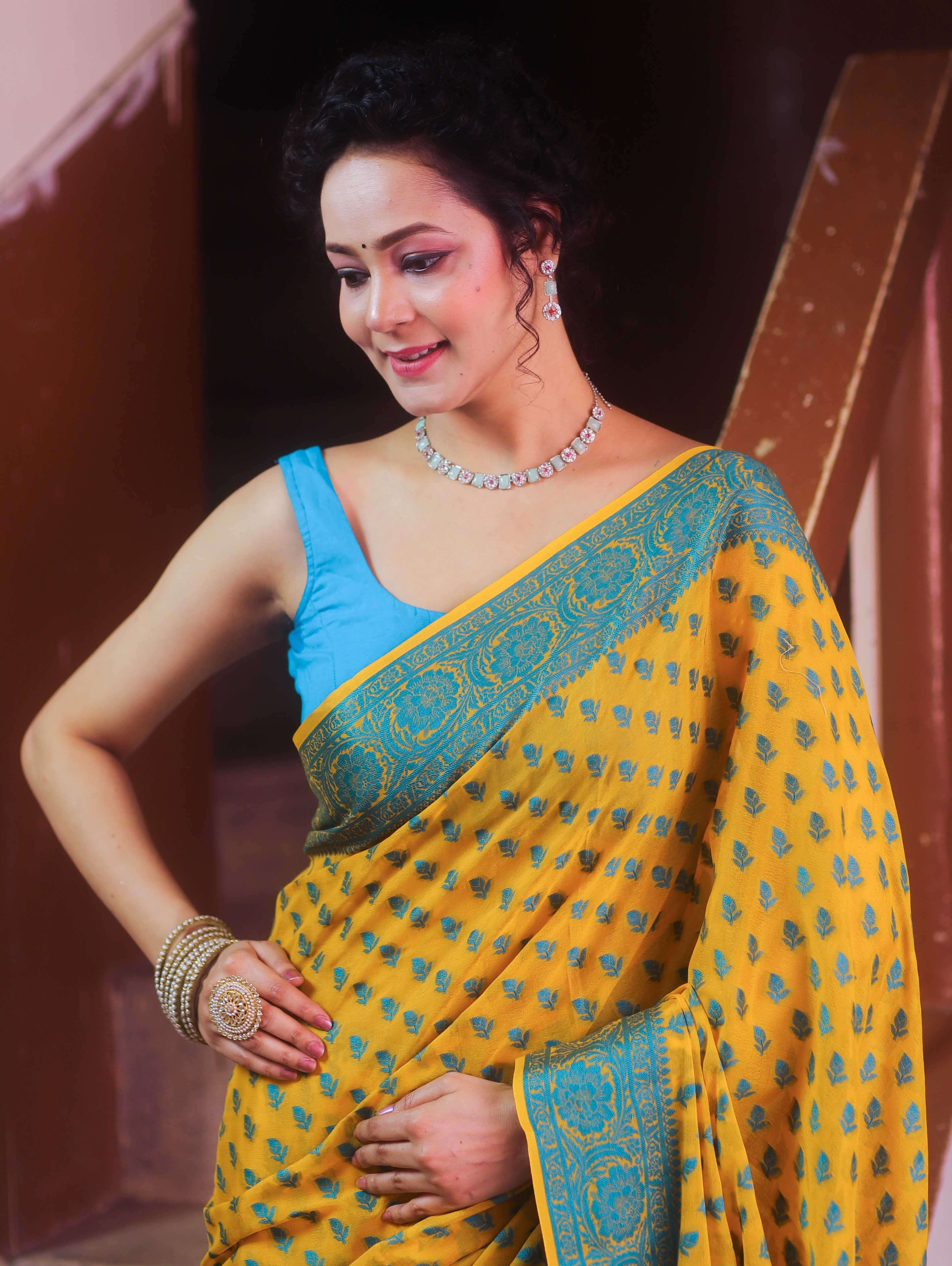 Banarasee Pure Chiffon Saree With Resham Buti Design & Border-Yellow