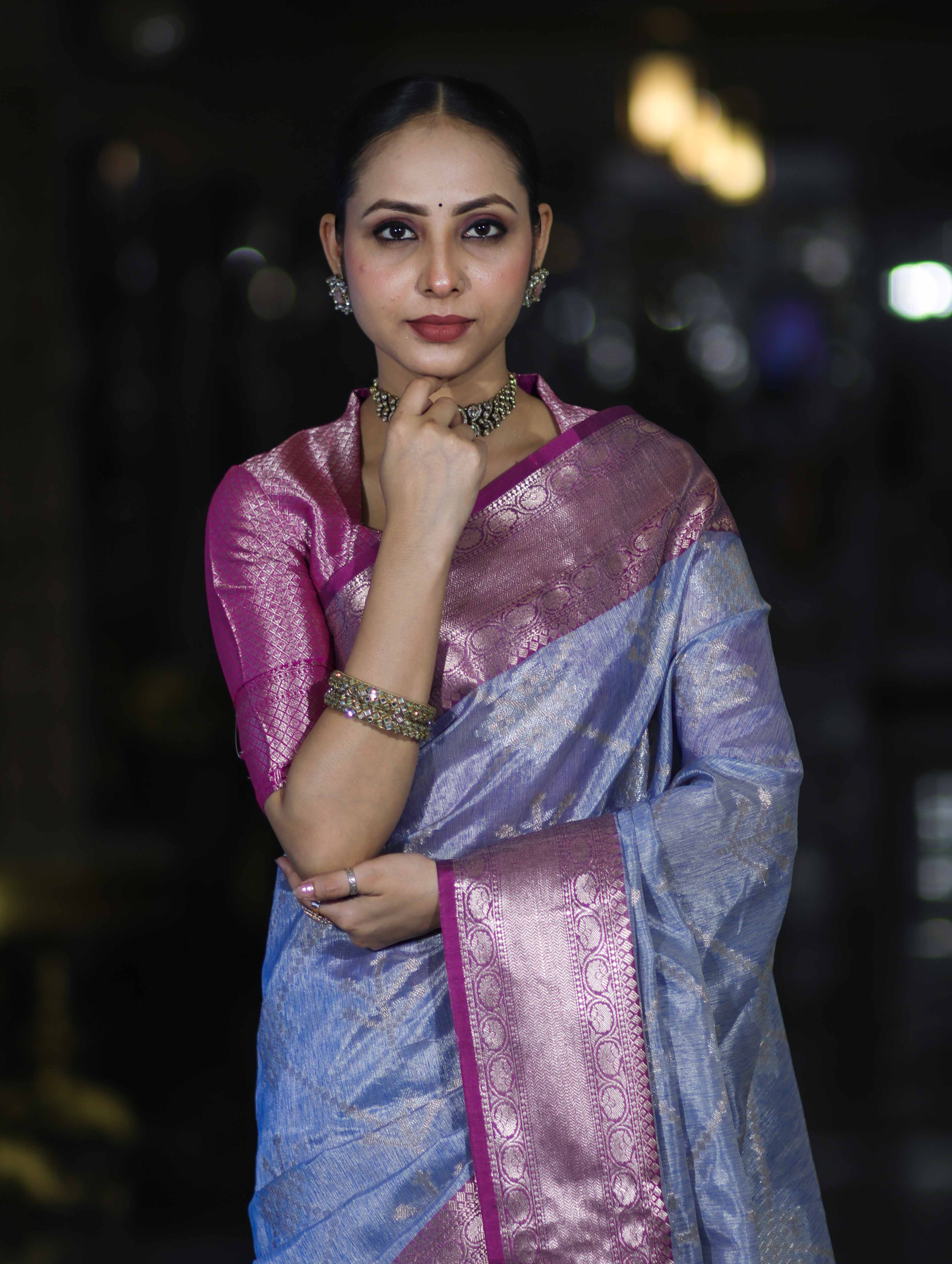 Banarasee Handloom Semi Silk Saree With Zari Jaal Work & Contrast Border-Light Blue & Magenta