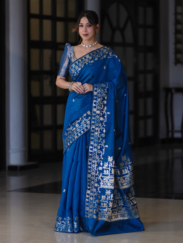 Banarasee Handloom Cotton Silk Saree With Zari Buti Design & Geometric Border-Blue