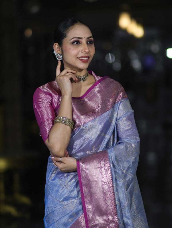 Banarasee Handloom Semi Silk Saree With Zari Jaal Work & Contrast Border-Light Blue & Magenta
