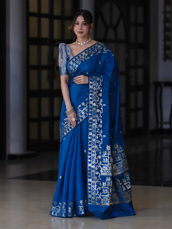Banarasee Handloom Cotton Silk Saree With Zari Buti Design & Geometric Border-Blue