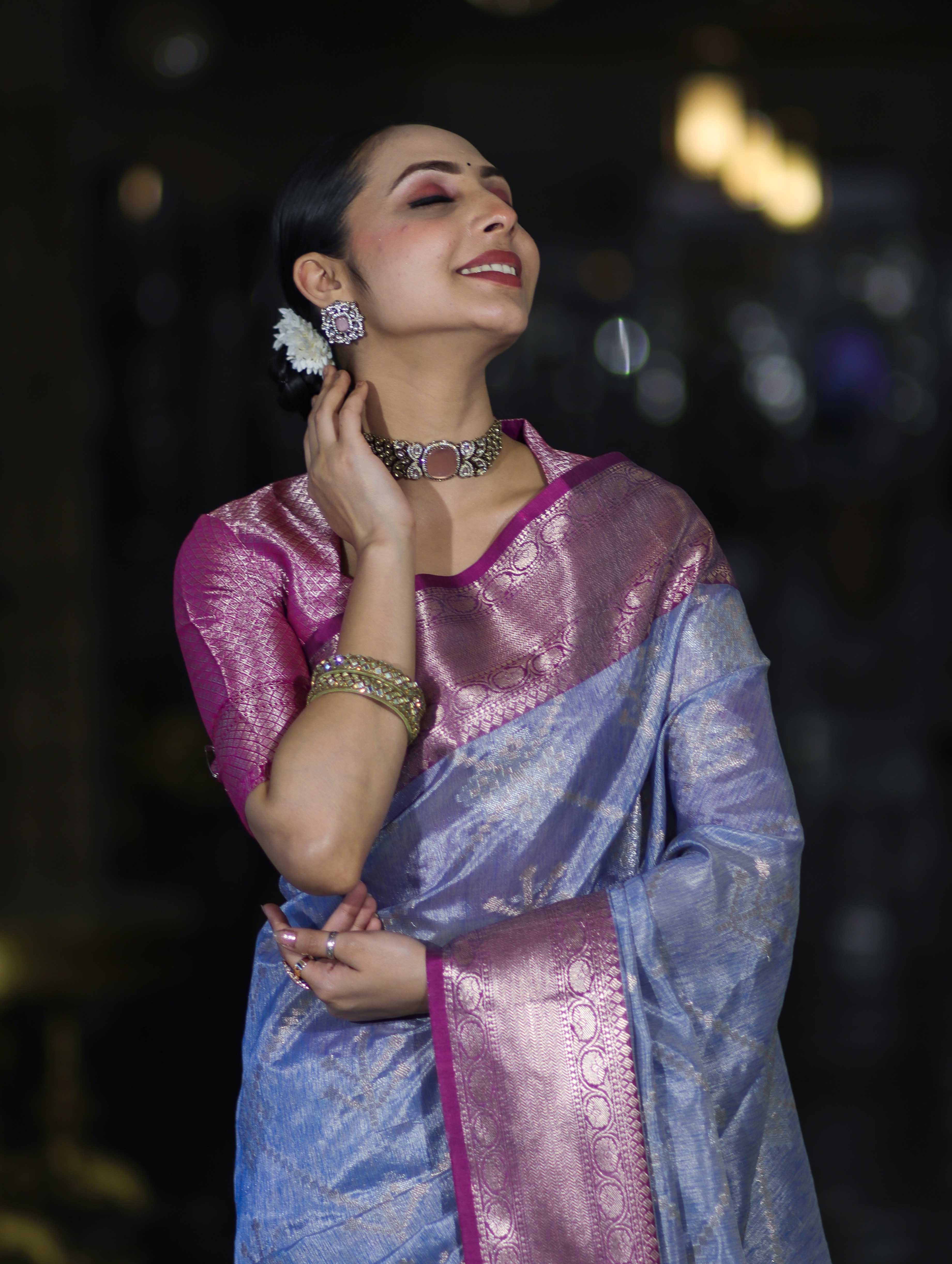 Banarasee Handloom Semi Silk Saree With Zari Jaal Work & Contrast Border-Light Blue & Magenta
