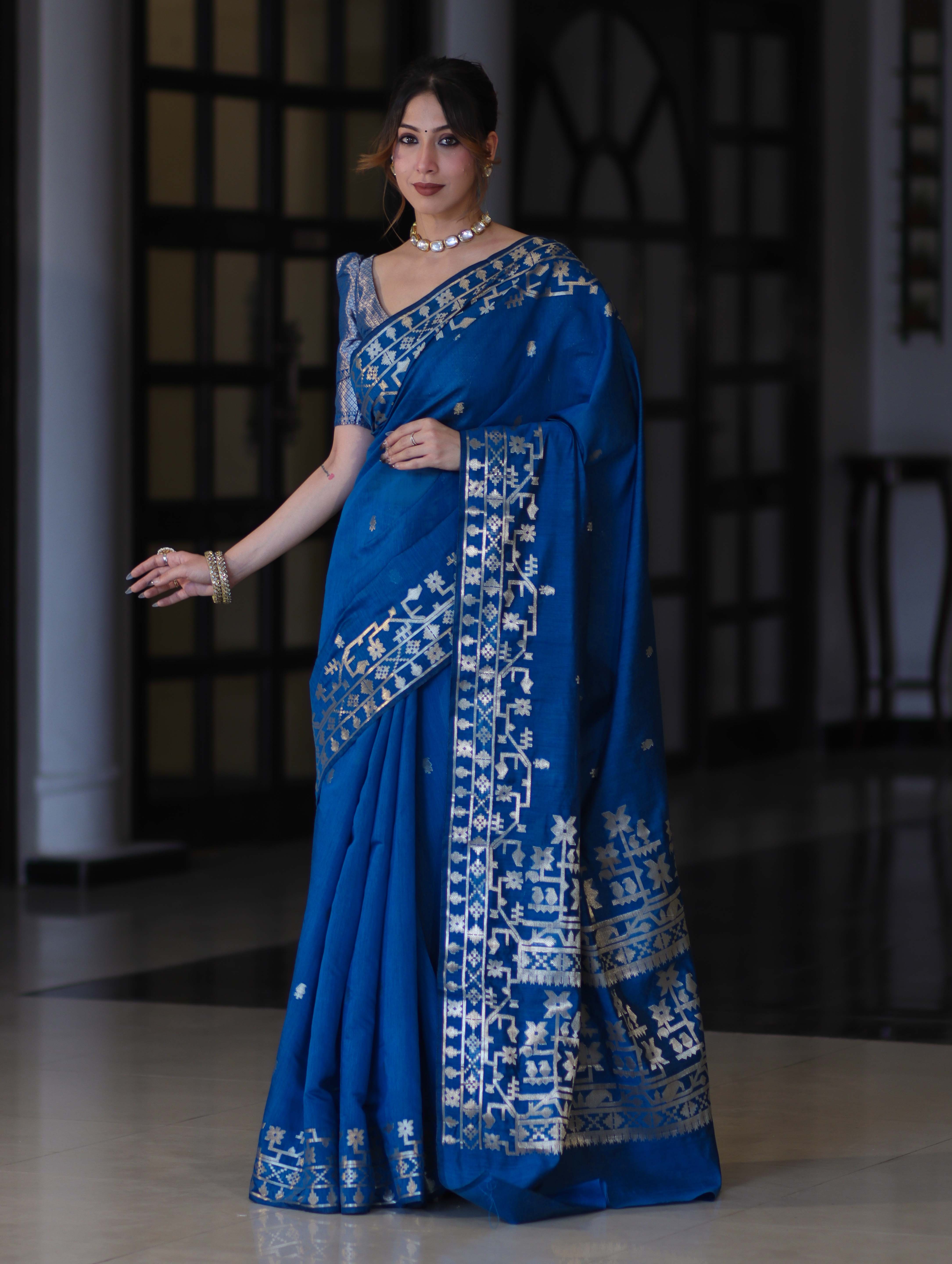 Banarasee Handloom Cotton Silk Saree With Zari Buti Design & Geometric Border-Blue
