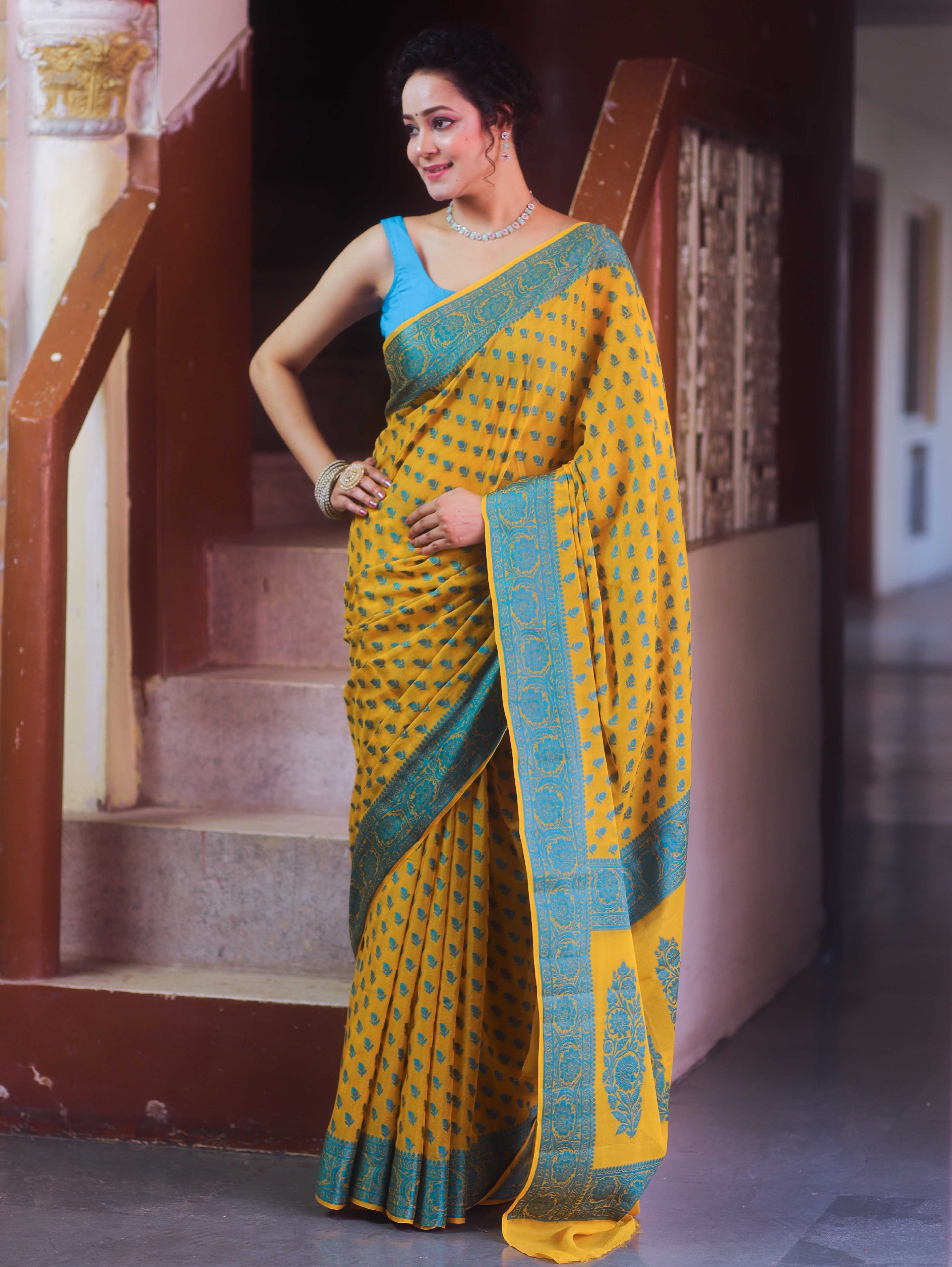 Banarasee Pure Chiffon Saree With Resham Buti Design & Border-Yellow