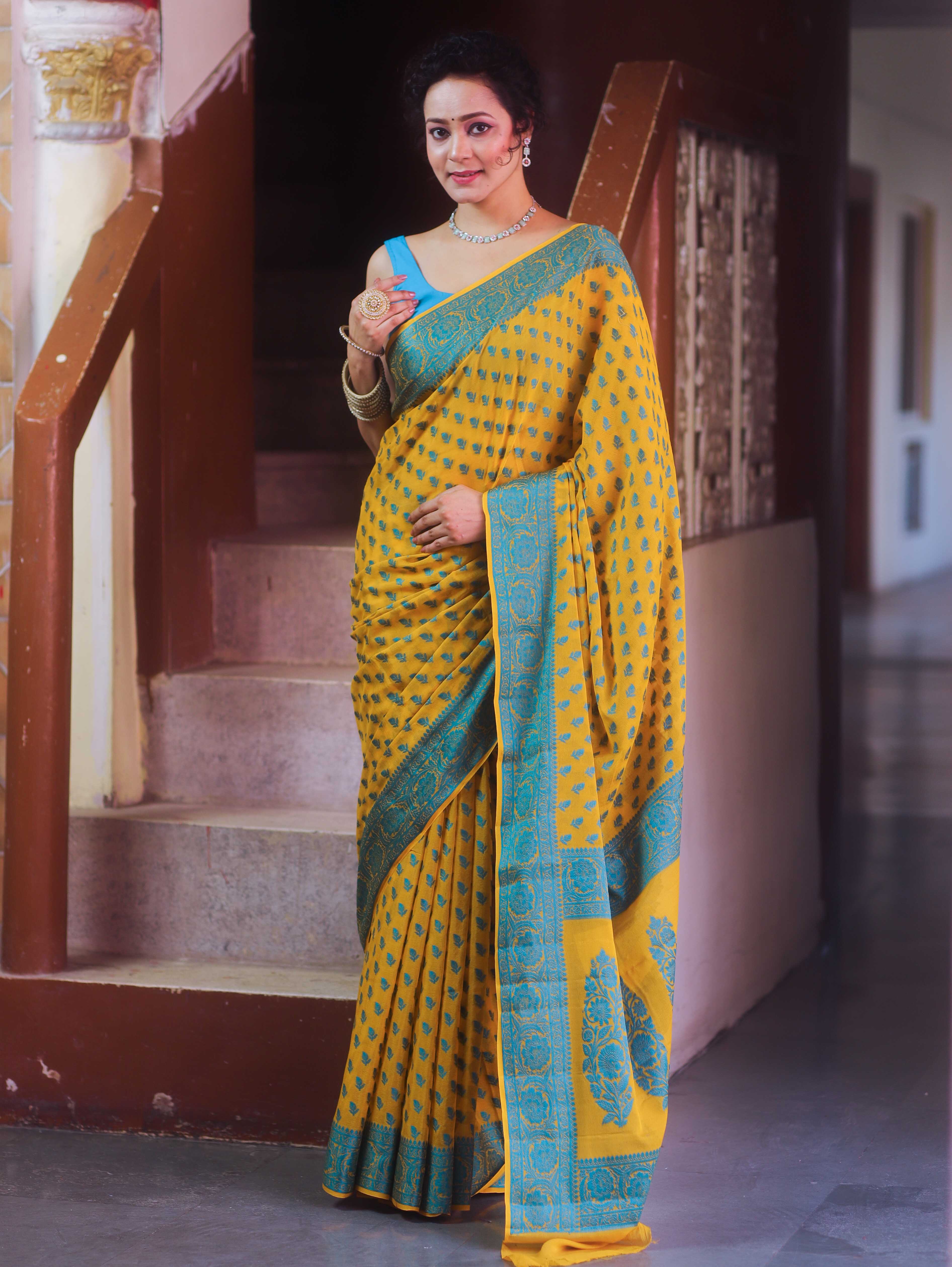 Banarasee Pure Chiffon Saree With Resham Buti Design & Border-Yellow