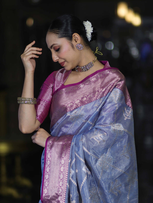 Banarasee Handloom Semi Silk Saree With Zari Jaal Work & Contrast Border-Light Blue & Magenta