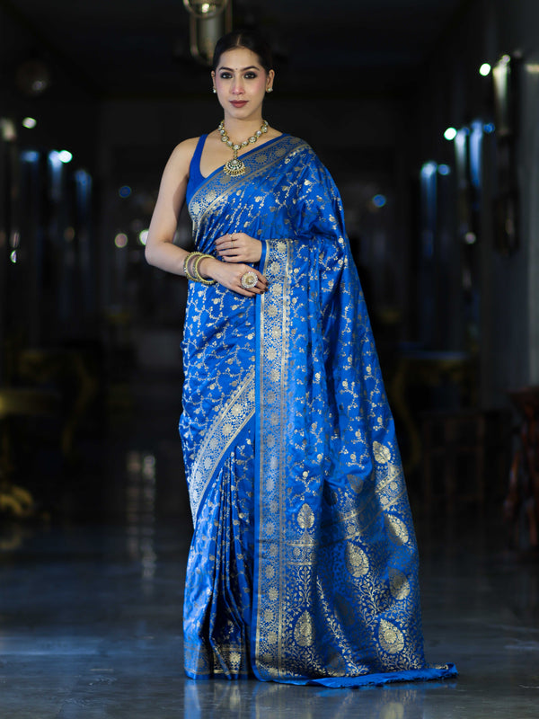 Banarasee Mashru Silk Saree With Zari Jaal Work & Floral Border-Blue