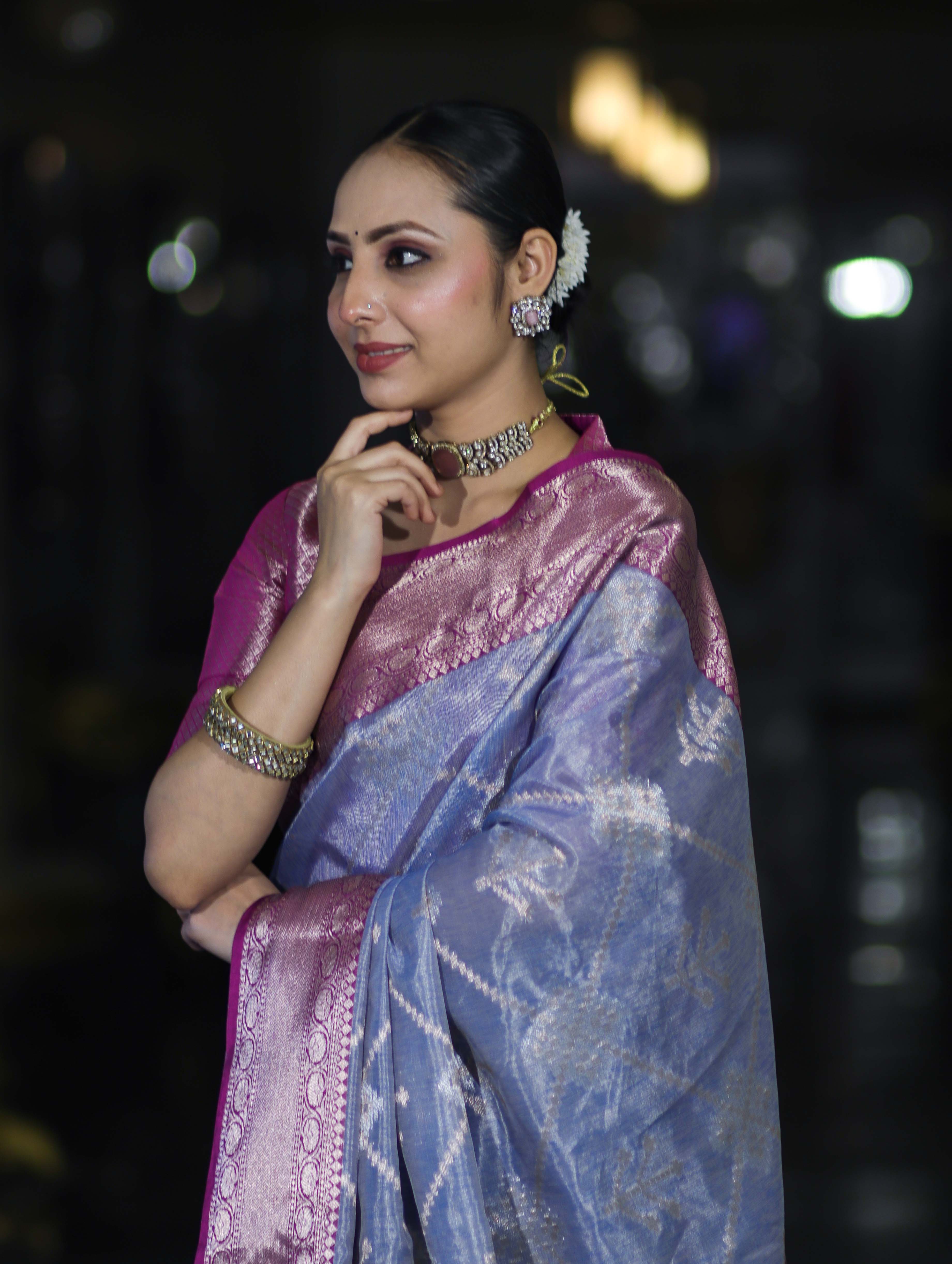 Banarasee Handloom Semi Silk Saree With Zari Jaal Work & Contrast Border-Light Blue & Magenta