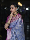 Banarasee Handloom Semi Silk Saree With Zari Jaal Work & Contrast Border-Light Blue & Magenta