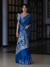 Banarasee Handloom Cotton Silk Saree With Zari Buti Design & Geometric Border-Blue